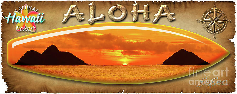 Lanikai Beach Golden Sunrise Between the Mokes Oahu Hawaii Surf Board Photograph by Aloha Art