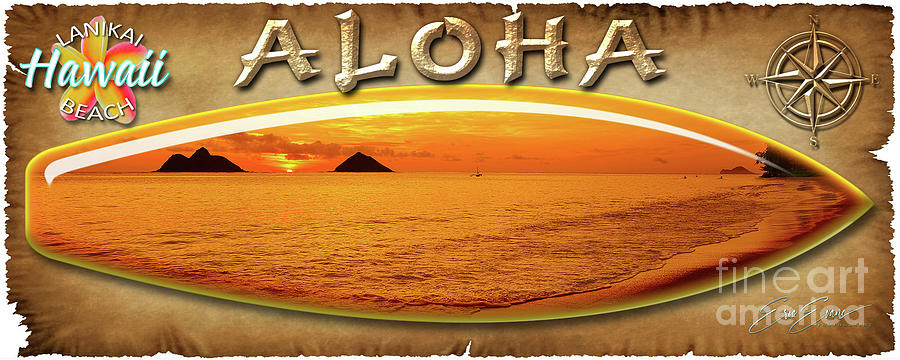 Lanikai Beach Golden Sunrise Between the Mokes Oahu Hawaii Surf Board Wide Photograph by Aloha Art