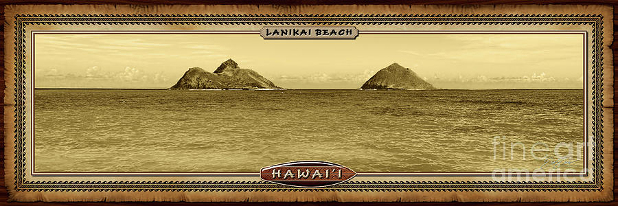 Lanikai Beach Moku Nui and Moku Iki Vintage Hawaiian Style Panoramic Photograph Photograph by Aloha Art