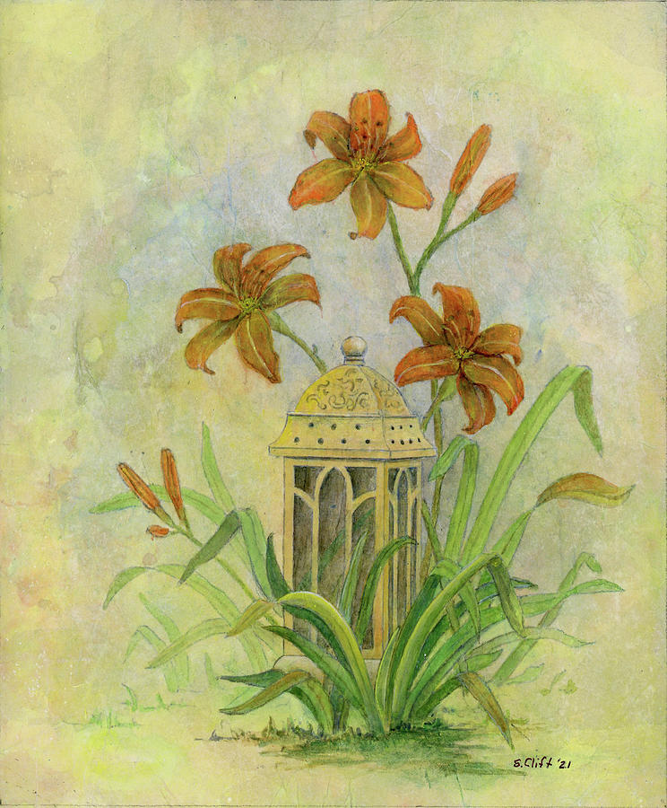 Lantern and Lilies Mixed Media by Sandy Clift