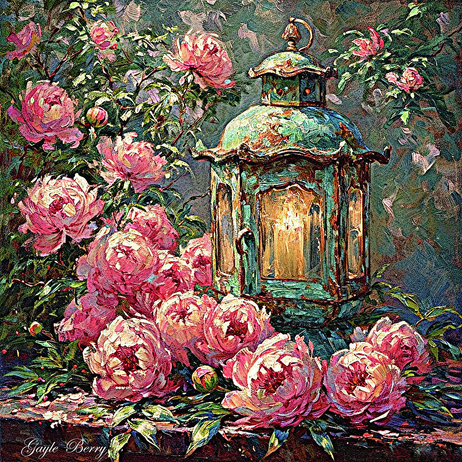 Vintage Digital Art - Lantern And Pink Peonies 002 by Gayle Berry