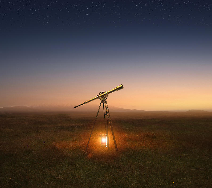 Lantern and telescope in rural field Photograph by Colin Anderson Productions pty ltd