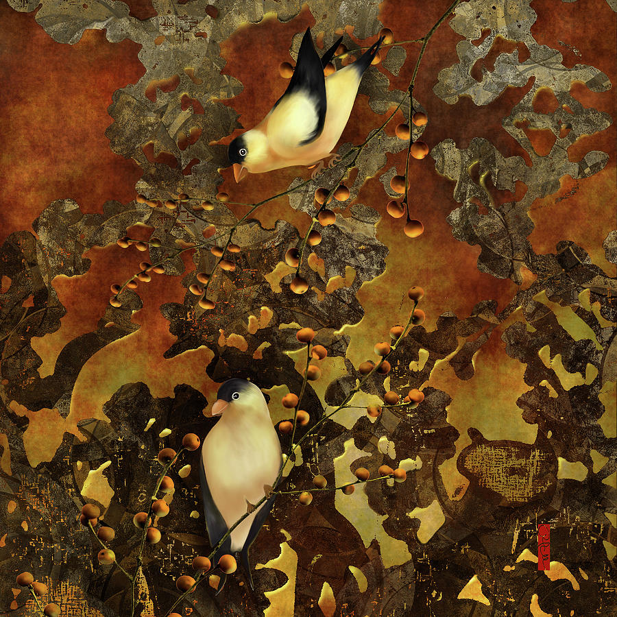 Lantern Chinoiserie Goldfinches and Berries Digital Art by Sand And Chi
