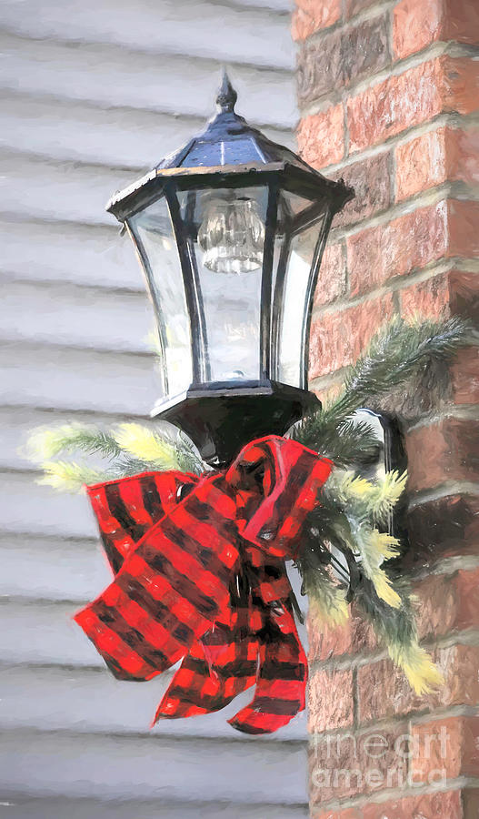 Lantern with buffalo plaid bow Photograph by Janice Drew