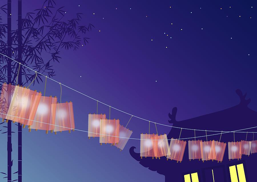 Lanterns hanging on a rope Drawing by Meg Takamura