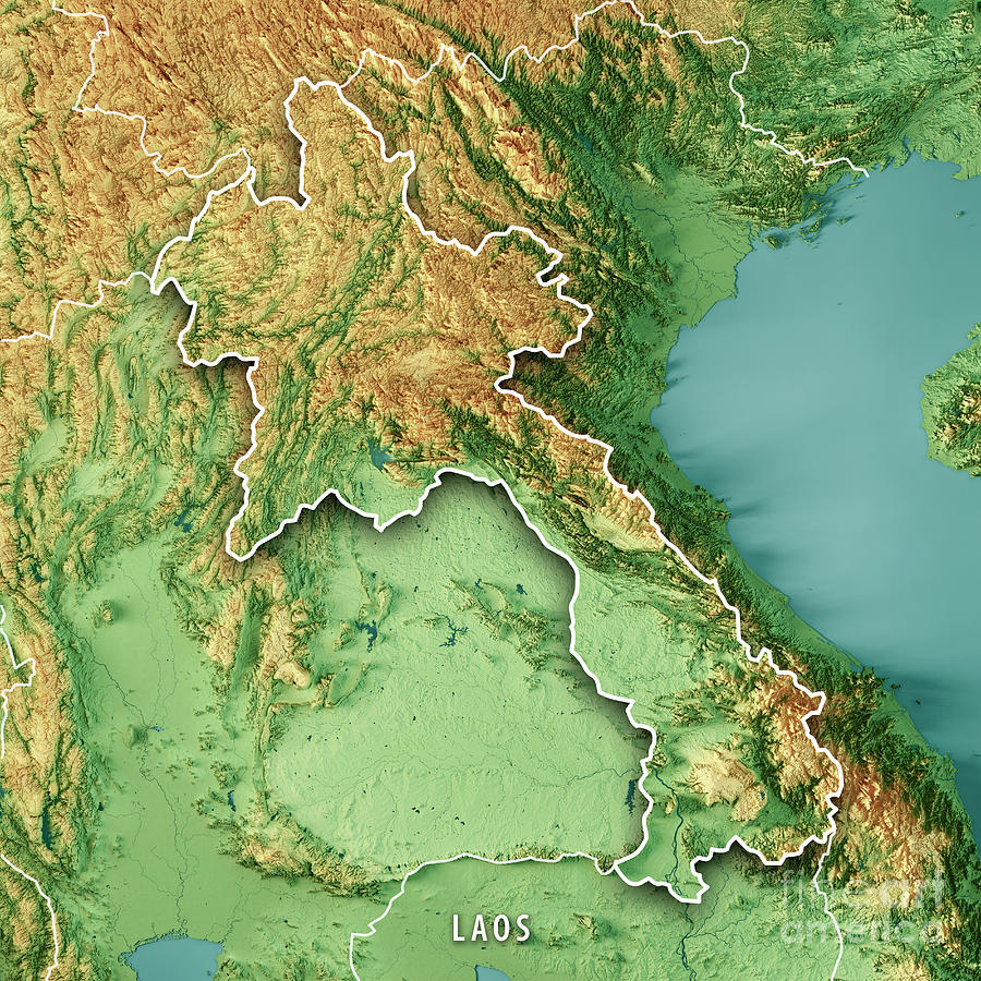 Laos 3D Render Topographic Map Color Border Digital Art by Frank ...