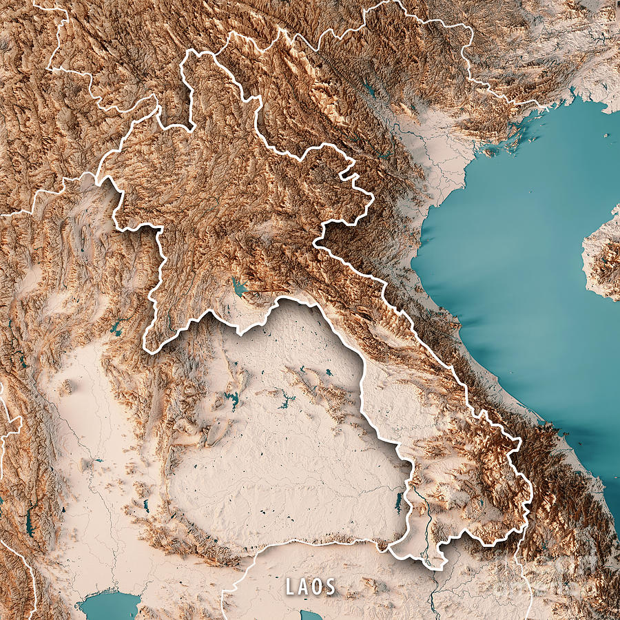 Map Digital Art - Laos 3D Render Topographic Map Neutral Border by Frank Ramspott