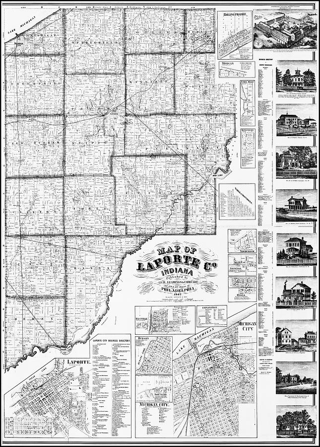 LaPorte County Indiana Vintage Map 1862 Black and White Photograph by