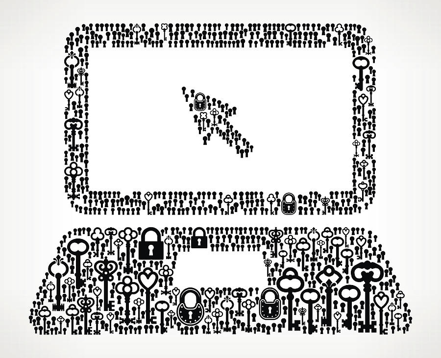 Laptop and Cursor Antique Keys Black and White Vector Pattern Drawing by Bubaone