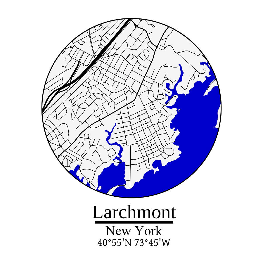 Larchmont New York Road Map Art Blue Rivers and Painting by Elliott