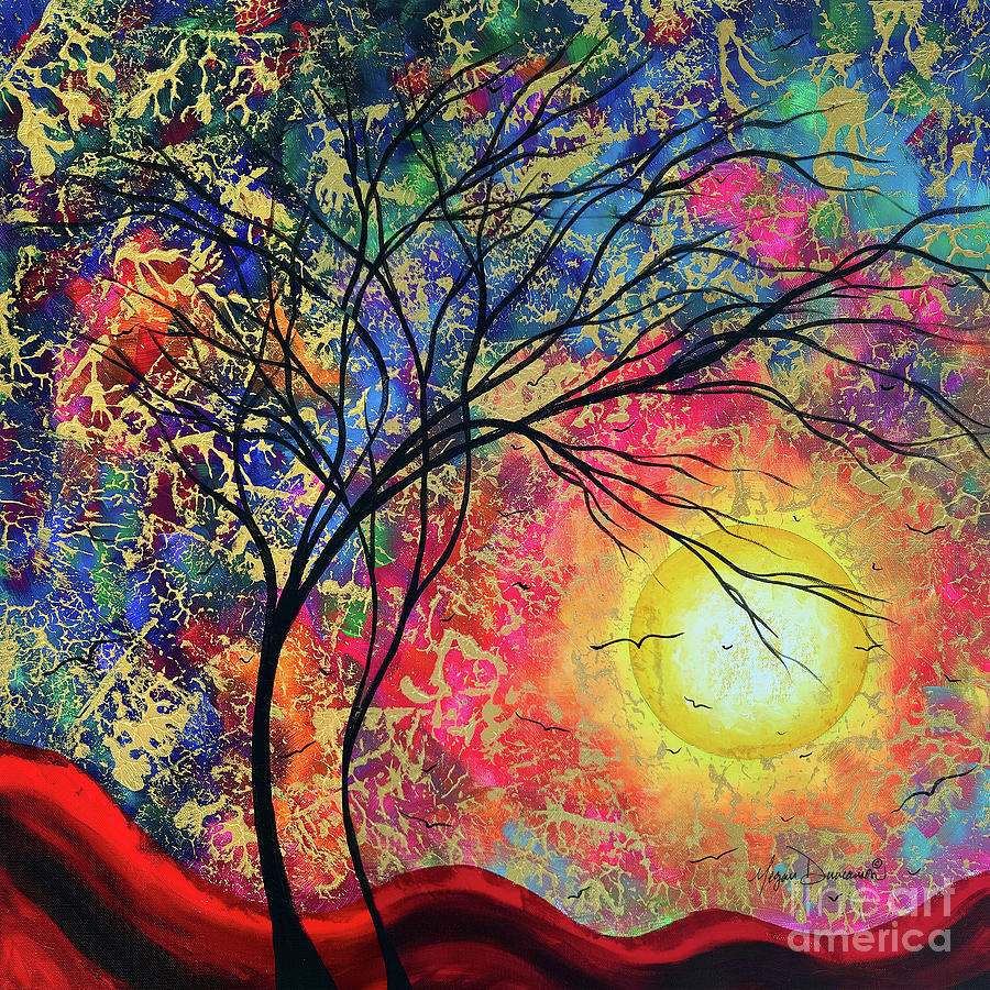 Large Abstract Colorful Gold Metallic Landscape Moon Tree of Life Painting Duncanson Painting by Megan Aroon