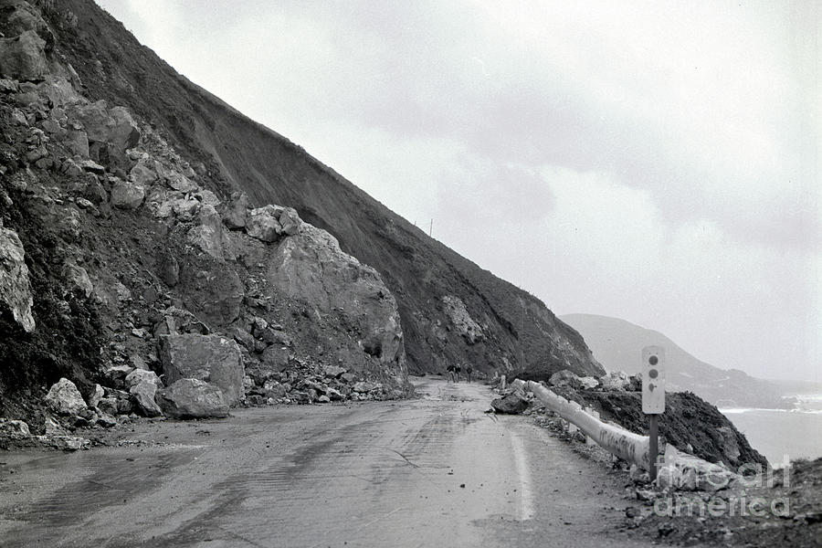 Highway One Photograph - Large bolder blocking  Highway One, Hurricane Point,  Big Sur, M by Monterey County Historical Society