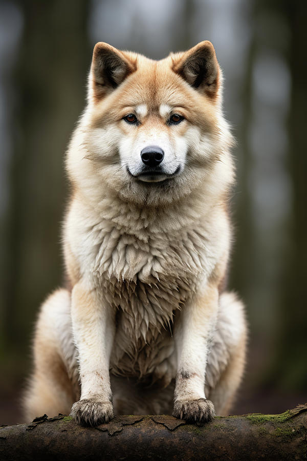 Animal Photograph - Large Breed Akita Dog Sitting on a Log in the Woods by Good Focused