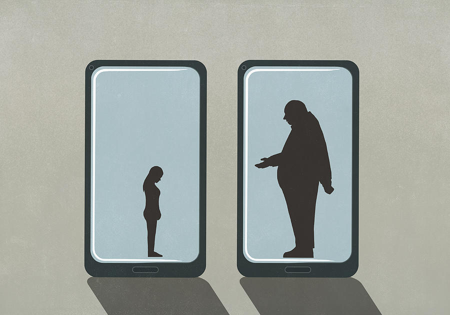 Large businessman and small woman on smart phone screens Drawing by Malte Mueller
