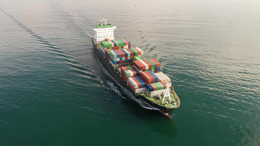 Large container ship at sea. Aerial top view of cargo container ship ...