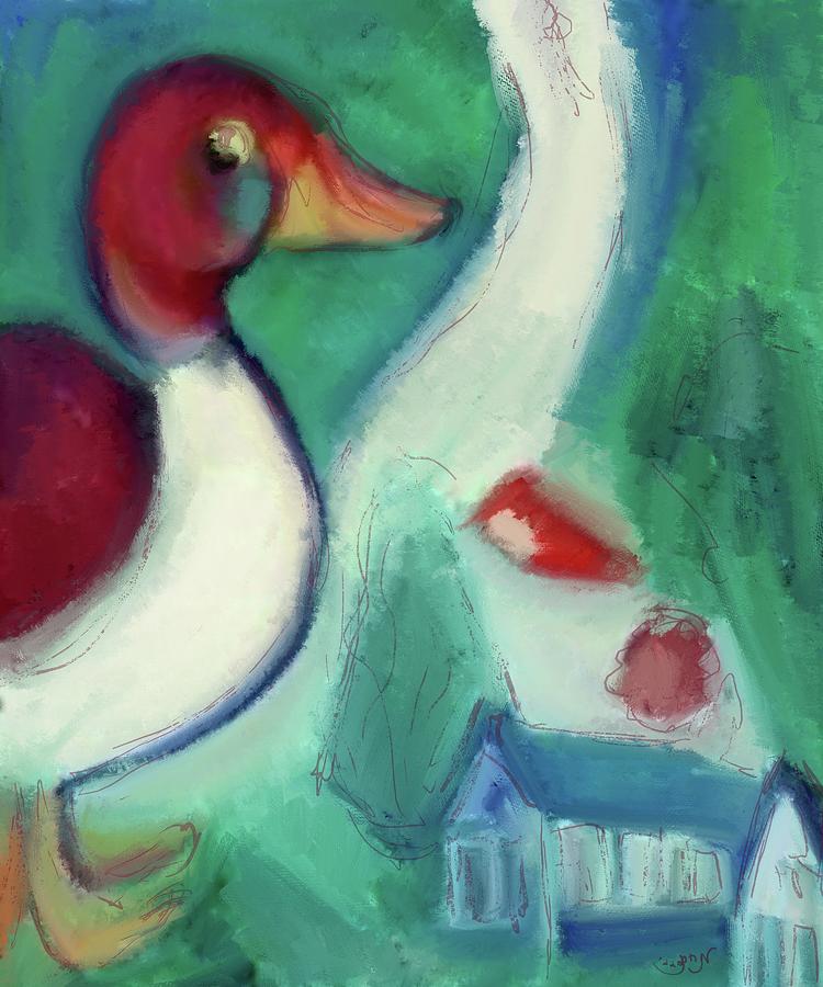 Large Duck ala Chagall with small village church mallard forest cabin ghost bella impressionist food Painting by MendyZ