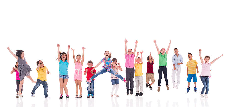 Large group of cheerful kids jumping together. Isolated on white. Photograph by BraunS