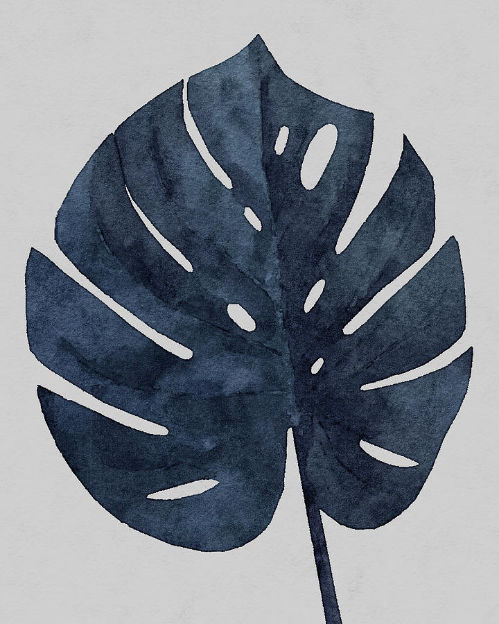 Large Monstera Leaf Blue Painting by Rachel Elise