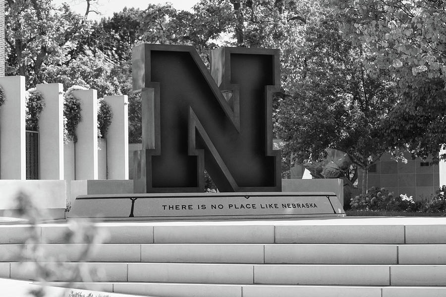 Large Red N statue at the University of Nebraska in black and white Photograph by Eldon McGraw