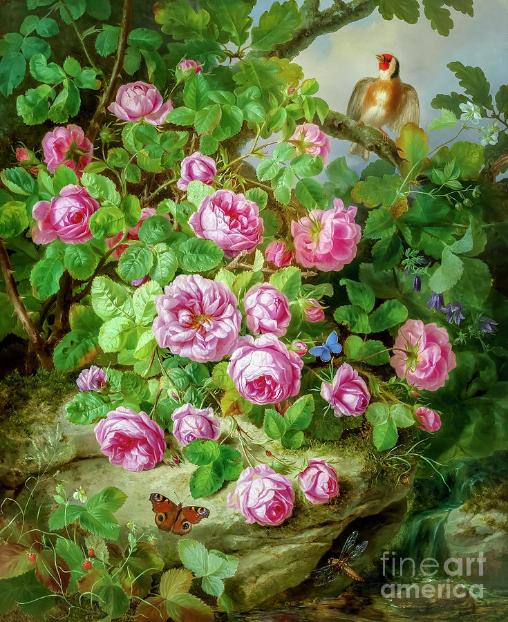 Large Still Life of Roses with Butterflies and Bird by Josef Lauer  Photograph by Carlos Diaz