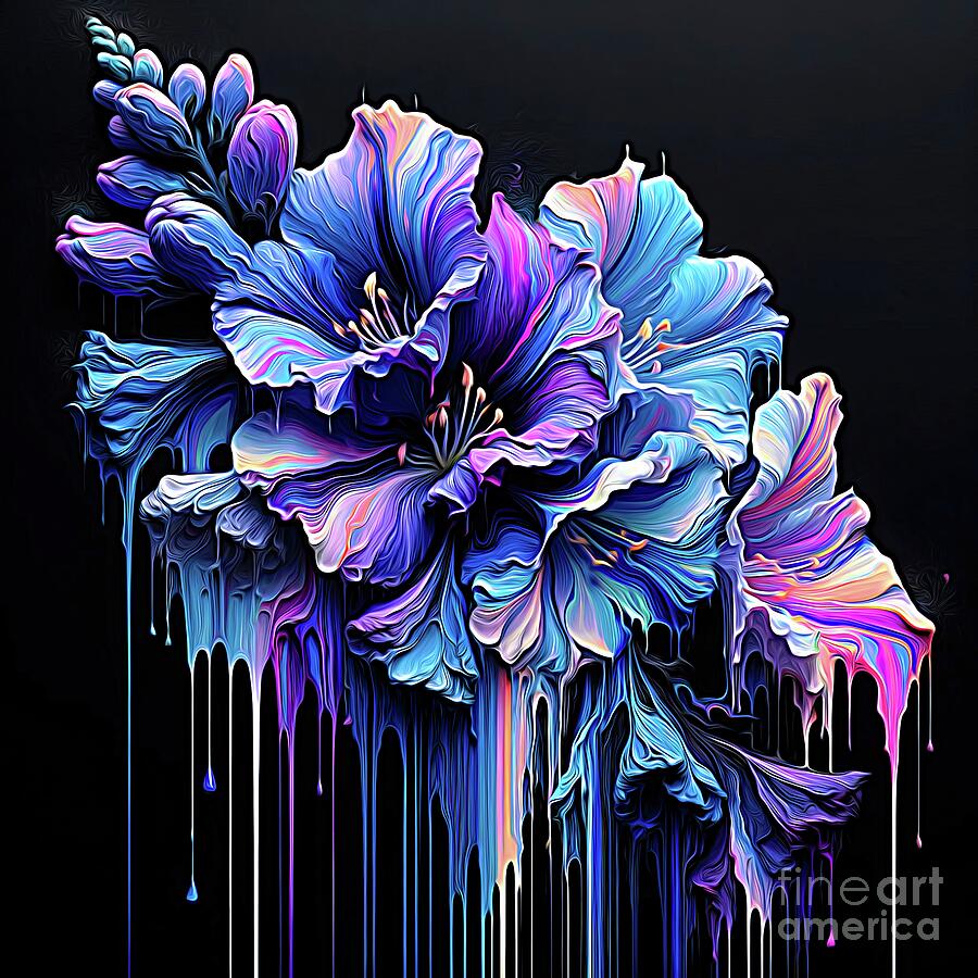 Larkspur Flower on Black With Paint Drip and Expressionist Effects Digital Art by Rose Santuci-Sofranko