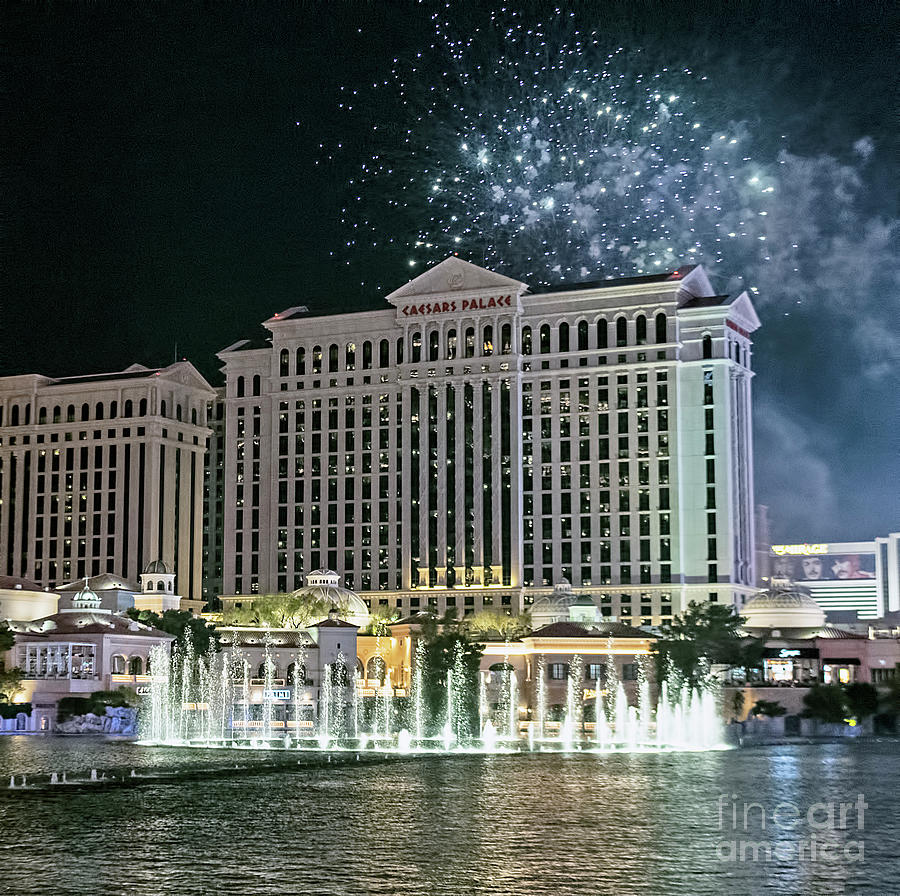 Las Vegas at Night w. Fountains at Bellagio and Caesars Palace F Photograph by David Oppenheimer