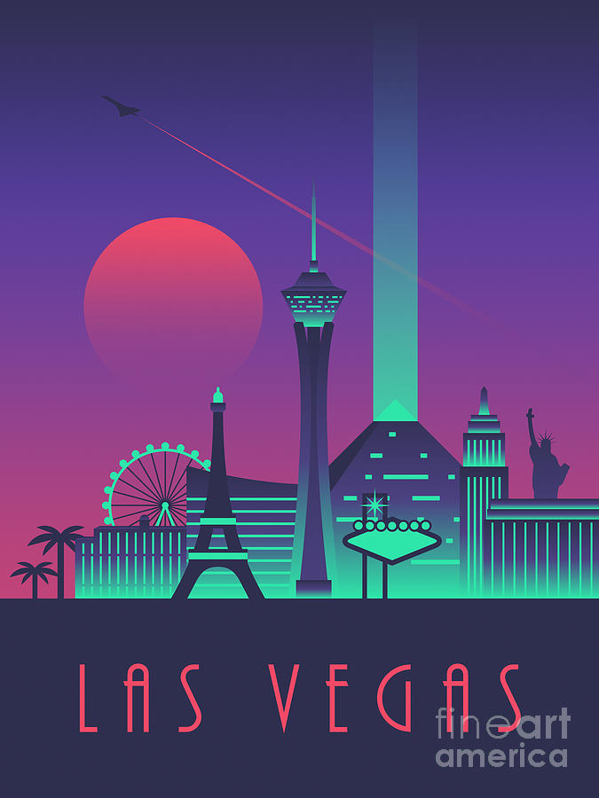 Las Vegas Digital Art - Las Vegas City Skyline Retro Art Deco - Night by Organic Synthesis