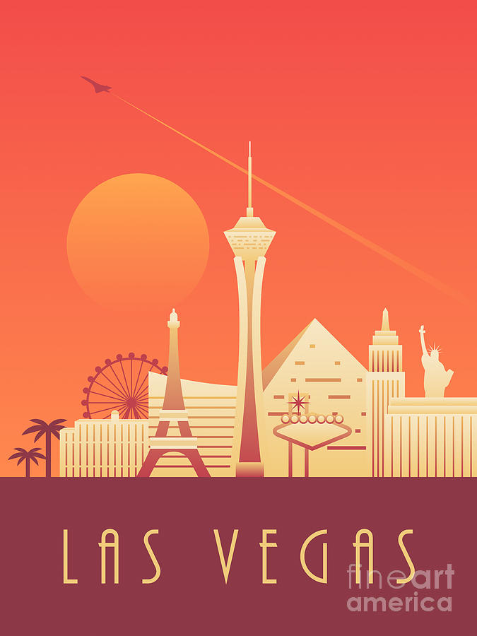 Las Vegas Digital Art - Las Vegas City Skyline Retro Art Deco - Sunset by Organic Synthesis