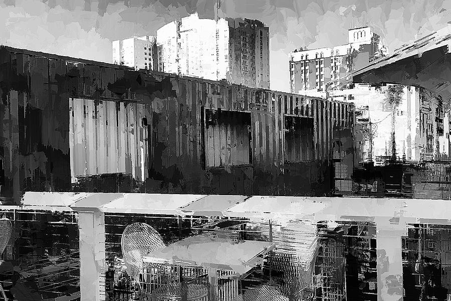 Las Vegas Container Park Black and White Painting Mixed Media by Tatiana Travelways