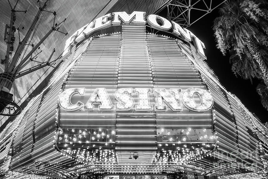 Las Vegas Photograph - Las Vegas Fremont Casino Sign at Night Black and White Photo by Paul Velgos