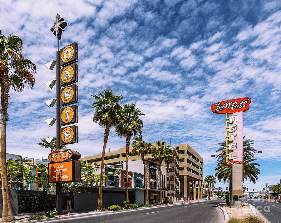 Las Vegas Lockdown Oasis and Lucky Cuss Motel Signs Wide Photograph by ...