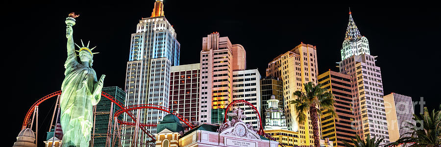 Las Vegas New York New York Casino at Night Panorama Photo Photograph by Paul Velgos