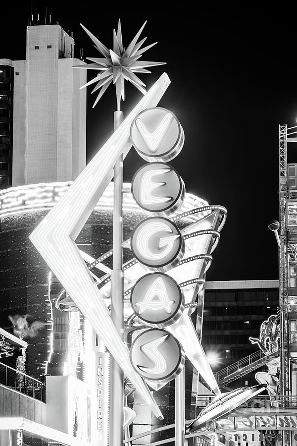 Las Vegas Sign Fremont Street Experience Black and White Photo Photograph by Paul Velgos