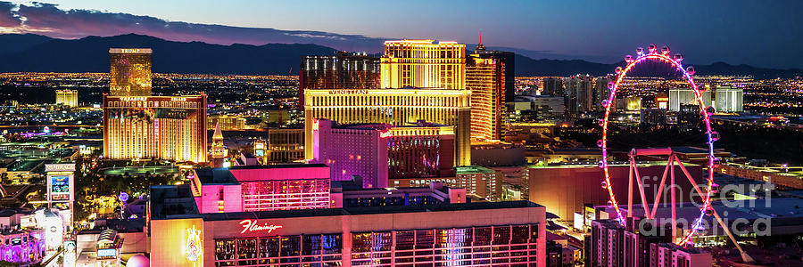 Flamingo Photograph - Las Vegas Skyline at Night Panorama Photo by Paul Velgos