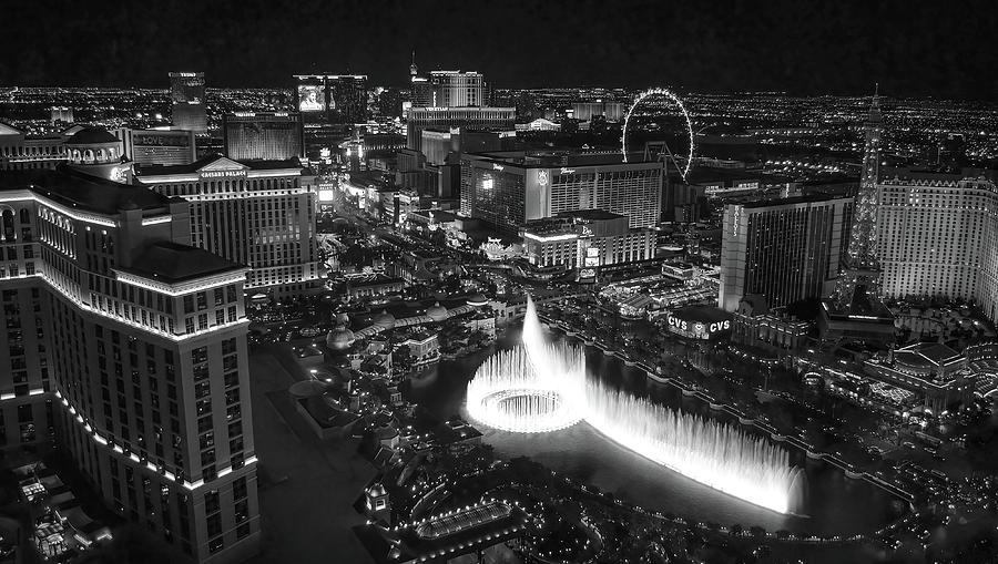 Las Vegas Strip Neon Night High Angle View Black and White Photograph by Shawn OBrien