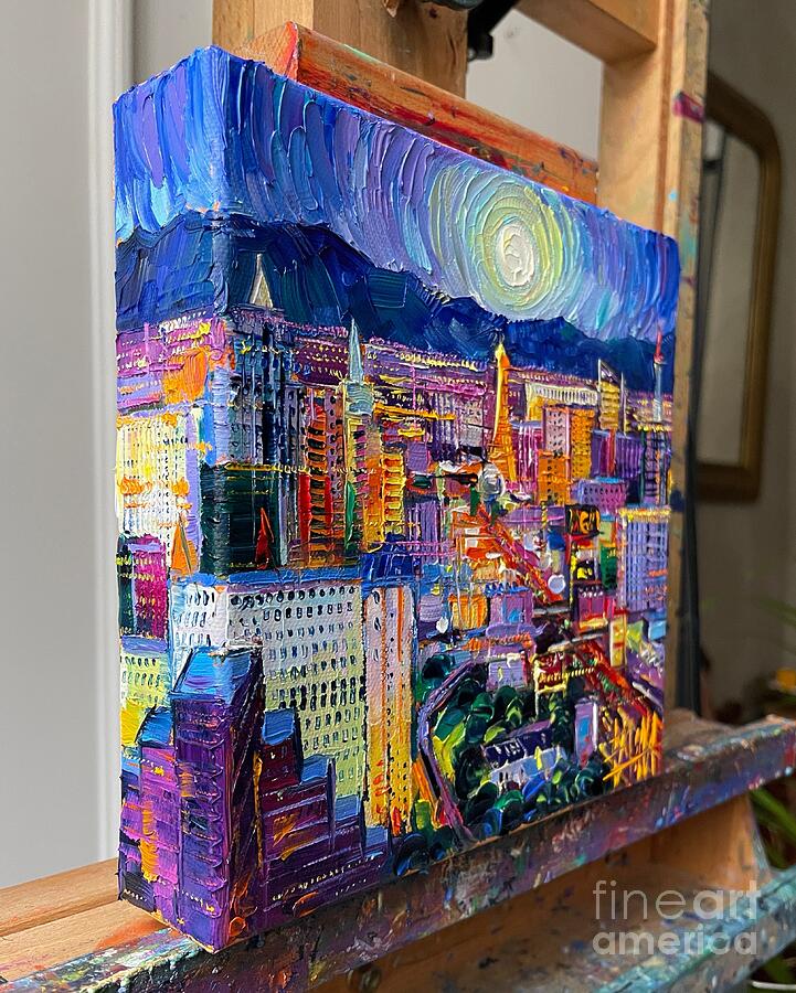 LAS VEGAS VIEW AT NIGHT commissioned oil painting - 3D canvas painted edges left side Painting by Mona Edulesco