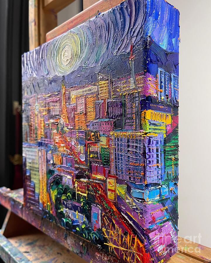 LAS VEGAS VIEW AT NIGHT commissioned oil painting - 3D canvas painted edges right side Painting by Mona Edulesco