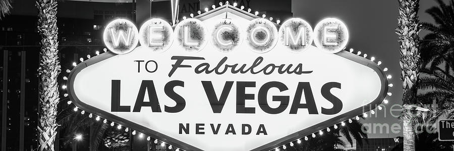 Las Vegas Photograph - Las Vegas Welcome Sign at Night Black and White Panorama Photo by Paul Velgos