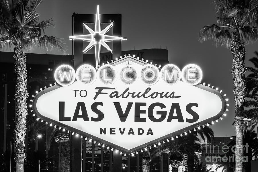 Las Vegas Photograph - Las Vegas Welcome Sign at Night Black and White Photo by Paul Velgos