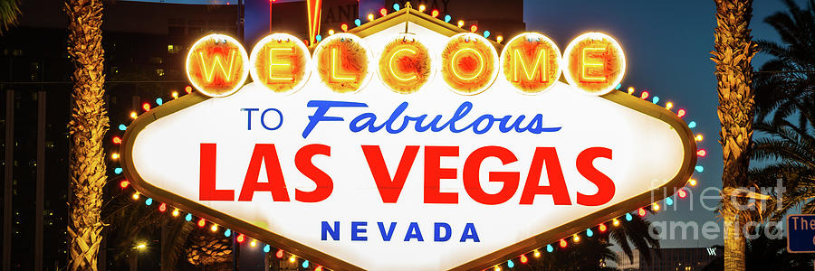 Las Vegas Welcome Sign at Night Panorama Photo Photograph by Paul Velgos
