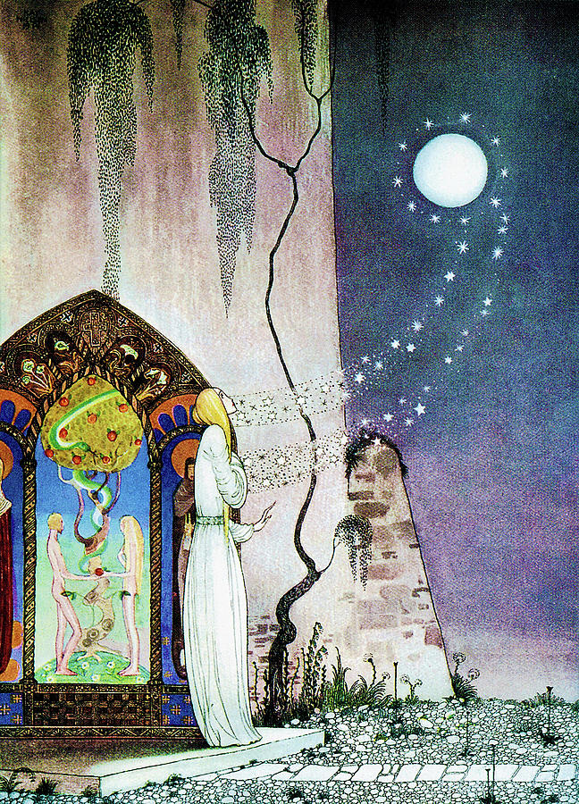 Queen Painting - Lassi opens the forbidden open door and escapes the moon by Kay Nielsen