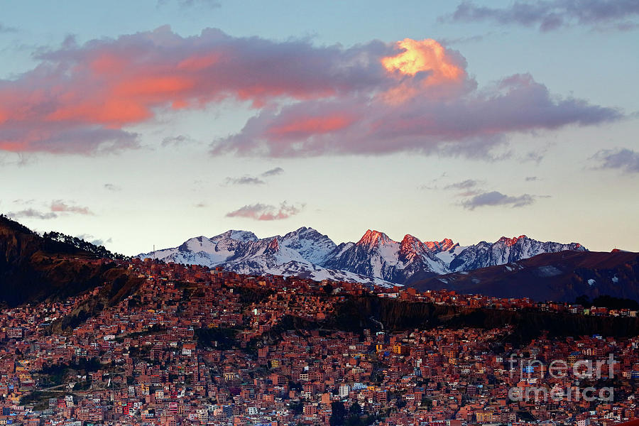 Sunset Photograph - Last light on the Andes Mountains La Paz Bolivia by James Brunker