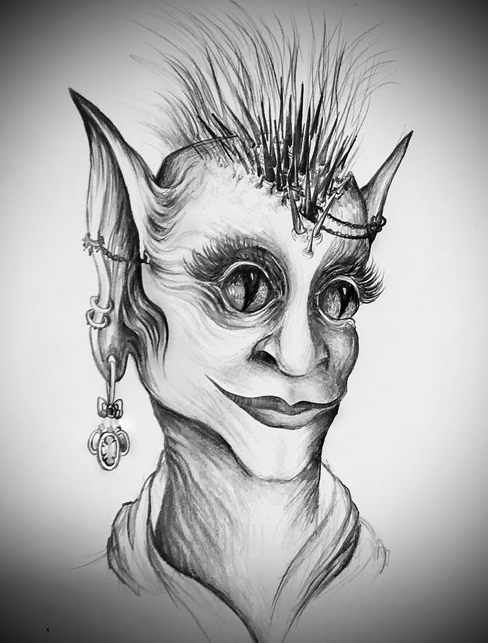 Lady space alien... Big eyes. Punk hairstyle Drawing by Sofia Goldberg ...