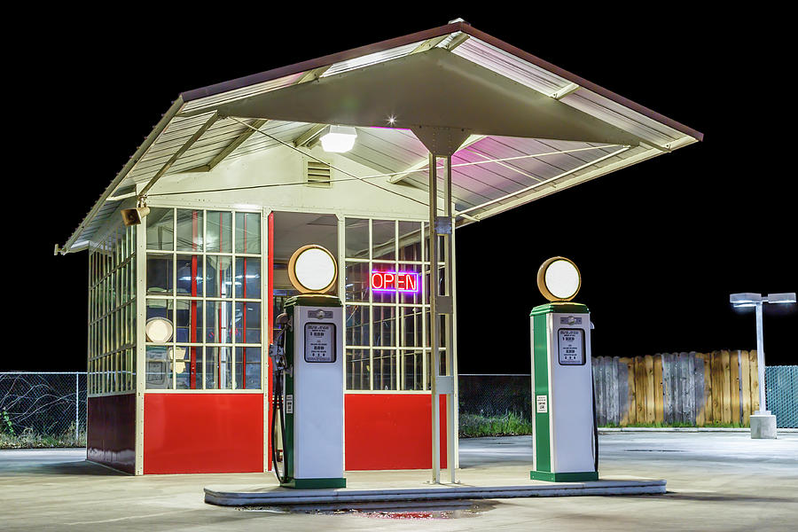 Vintage Photograph - Late Night Gas Station by James Eddy