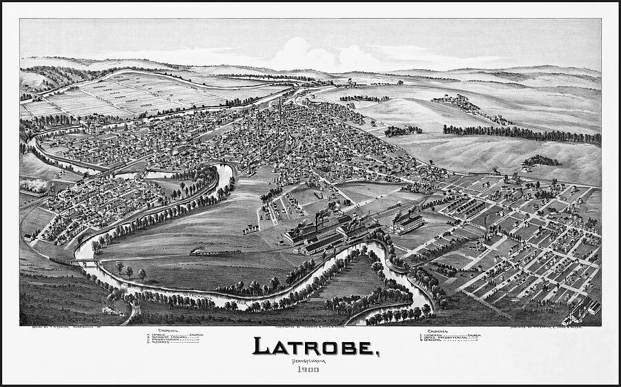 Latrobe Pennsylvania Vintage Map Birds Eye View 1900 Black and White ...