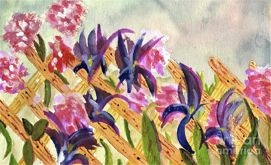 Iris Painting - Lattice with Flowers by L A Feldstein