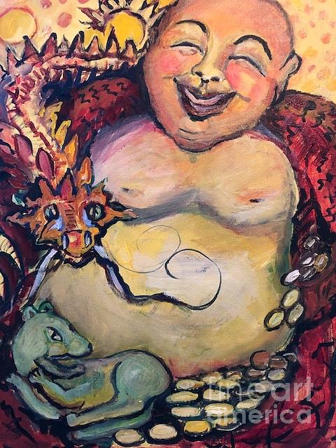 Dragon Painting - Laughing Buddha,Dragon, Pixiu and Coronavirus by Susan Brown    Slizys art signature name