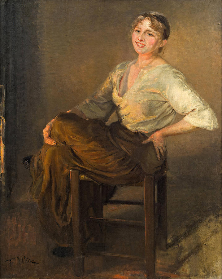Laughing girl Painting by Fritz von Uhde