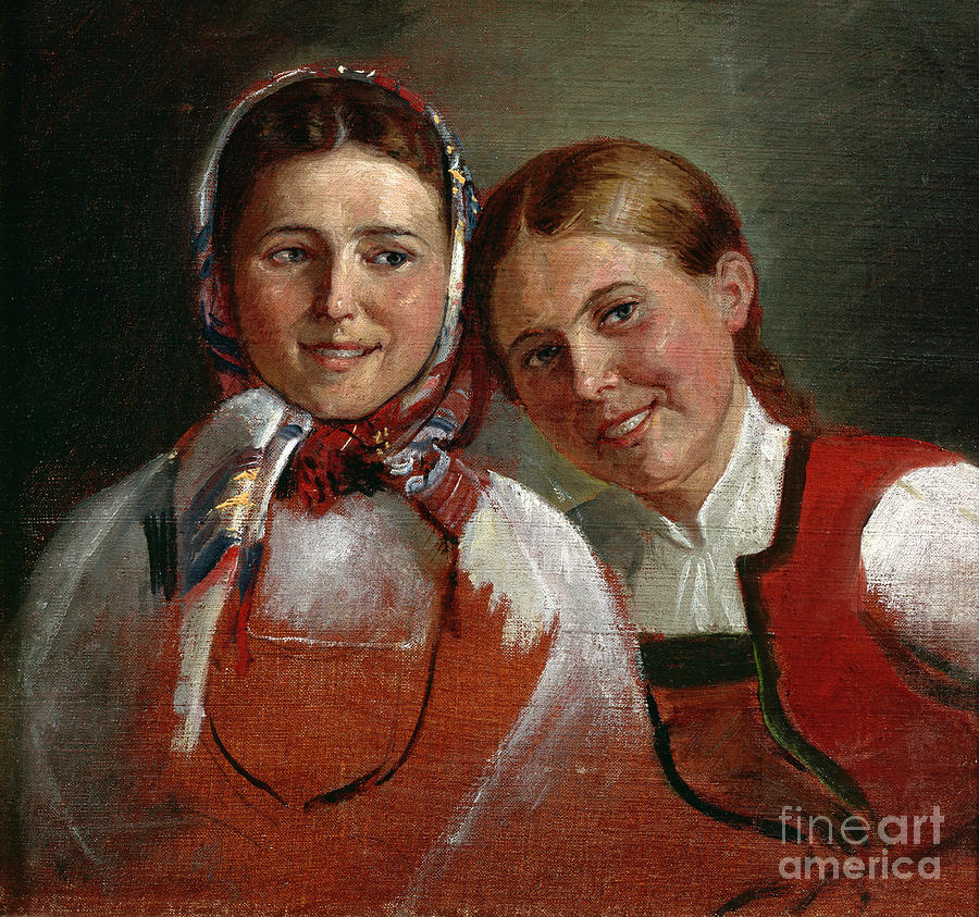 Laughing girls, 1871 Painting by O Vaering by Adolph Tidemand