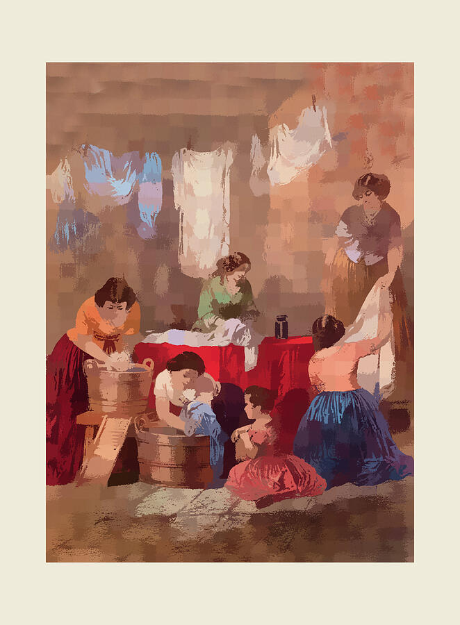 Laundry Day_Women and Child Washing Clothes Digital Art by Shelli Fitzpatrick